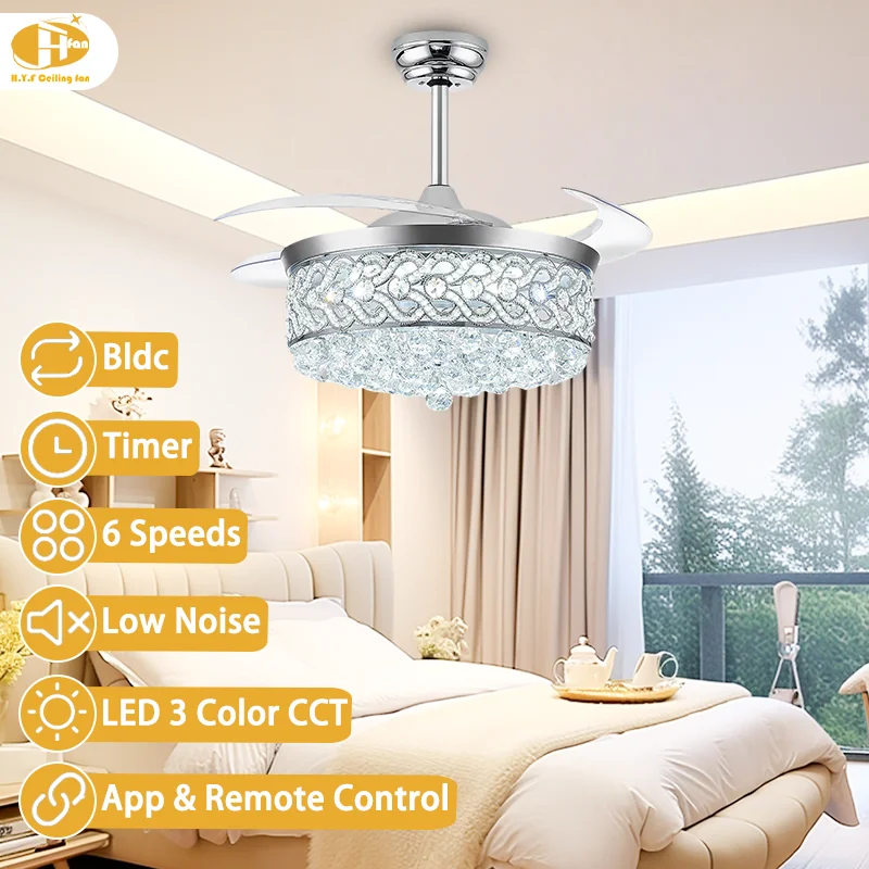 2026 Hot-Sale Modern Luxury Crystal Invisible Ceiling Fan Light. Energy-Saving LED. - Smart Remote - Crystal Invisible Fan Light - Image 2