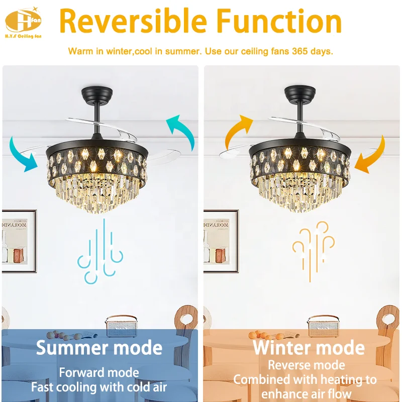 Luxury Crystal Chandelier Ceiling Fan Light in Silver Gold Black. with Retractable Blades. 3Color LED & DC Motor. Remote Control - Image 3