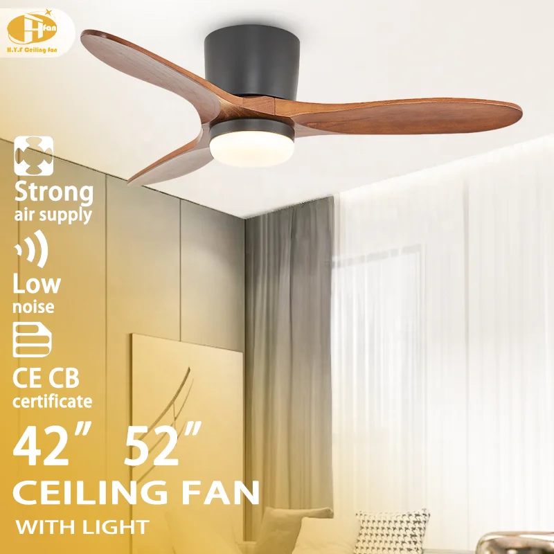 3-Blade Low-Profile Wood Ceiling Fan Light with Matte Black Motor Housing. 6Speed Quiet DC Motor. Remote Control for Small Rooms - Image 2