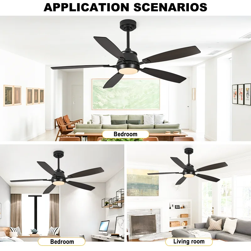 52 Inch Modern Black Ceiling Fan Light 5-Blade Dimmable LED & 6-Speed DC Motor Remote Control for Living Room Bedroom Office - Image 4