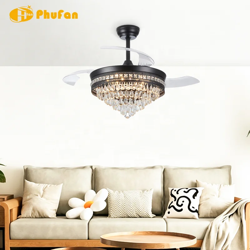 Black Crystal Ceiling Fan Light Invisible Blades 3Color LED & 6-Speed Reversible DC Motor Remote Control for Living Room Bedroom - Image 5