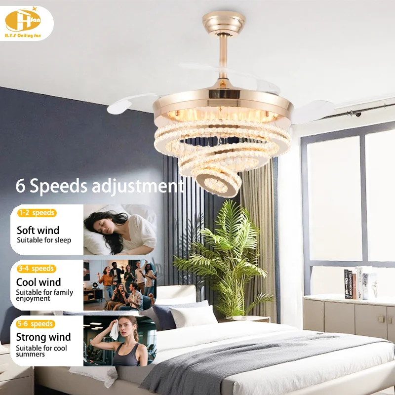 36/42/48/52 Inch Luxury Crystal Ceiling Fan Light with Retractable Blades. Remote Control. for Home Living Room Dining Room - Image 4