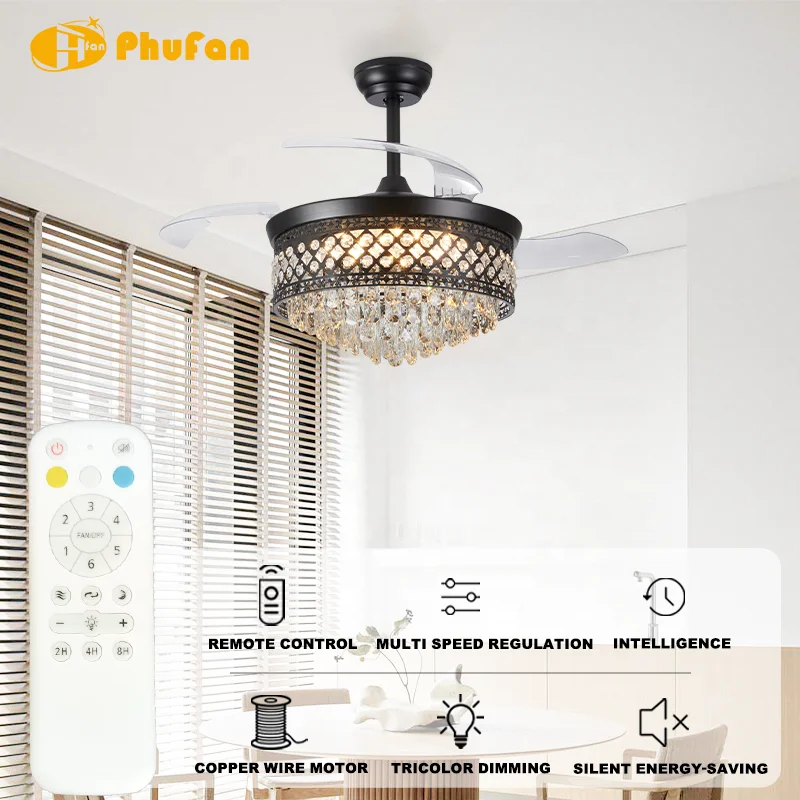 42/48 Inch Crystal Ceiling Fan Light Hollow Frame Invisible Blades LED & 6-Speed Quiet DC Motor Remote Control for Hotel Lobby - Image 2