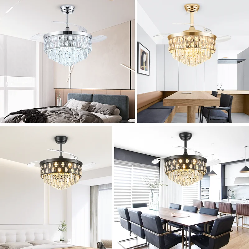 Cross-Border Hot-Sale Luxury LED Crystal Ceiling Fan Light. Smart Remote Control. Modern Design. Dimmable- Living Room Fan Light - Image 5