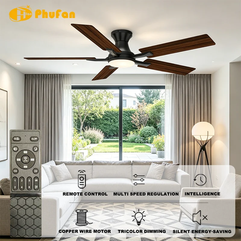 52 Inch 5-Blade Low Profile Ceiling Fan Light Reversible Blades 3-Color LED & 6-Speed DC Motor Remote Control for Living Room - Image 2