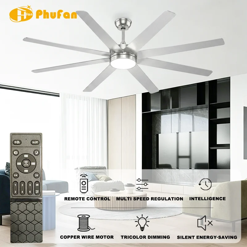 72/84 Inch 8-Blade Industrial Ceiling Fan Light Finish LED & 6-Speed High Airflow DC Motor Remote Control for Commercial Space - Image 2