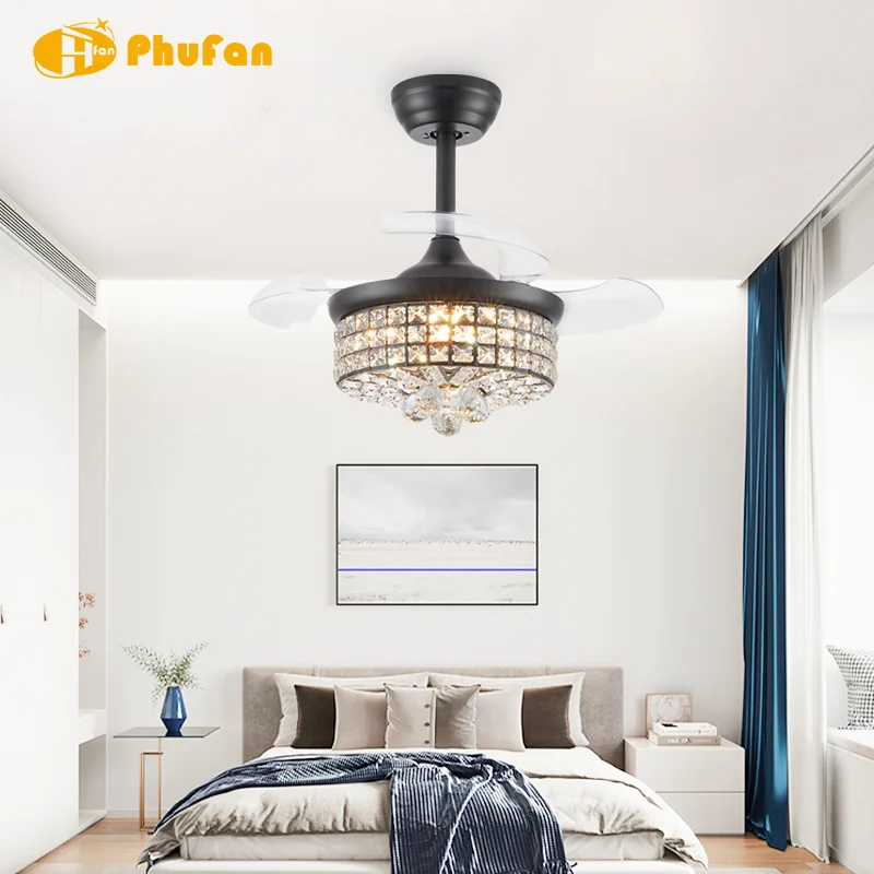 42 Inch Black Crystal Ceiling Fan Light Retractable Blades 3-Color LED & 6-Speed Quiet Motor Remote Control for Dining Room - Image 3