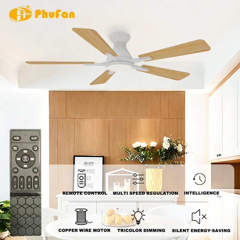 52 Inch Low Profile Ceiling Fan Light 5-Blade Wood Veneer LED & 6-Speed DC Motor Remote Control for Bedroom Living Room - Image 2
