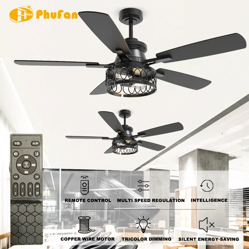 52 Inch Black Industrial Ceiling Fan Light Caged Metal Shade 3-Color LED & 6-Speed DC Motor Remote Control for Farmhouse Kitchen - Image 2
