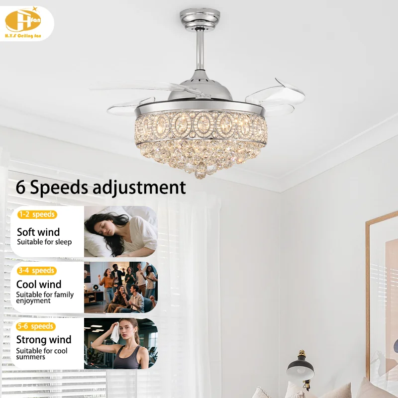 Modern Home Luxury Crystal LED Chandelier Ceiling Fan with Light Remote Control Iron Body - Image 2
