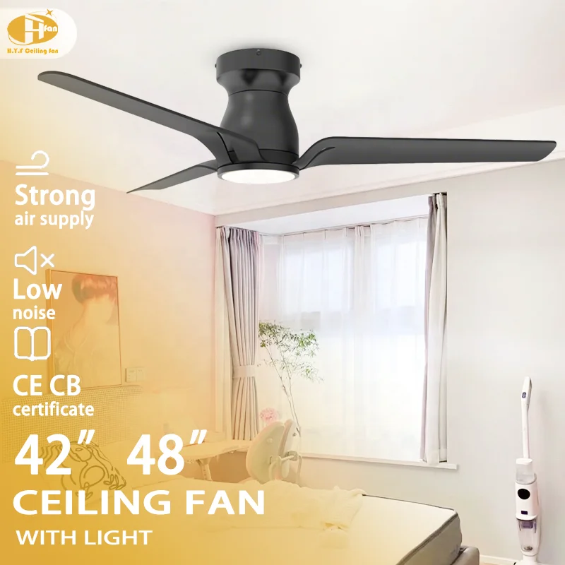 3-Blade Low Profile Ceiling Fan with Light. 3-Color LED. 6-Speed Quiet DC Motor. Remote Control. Black White Gold Wood Options - Image 2