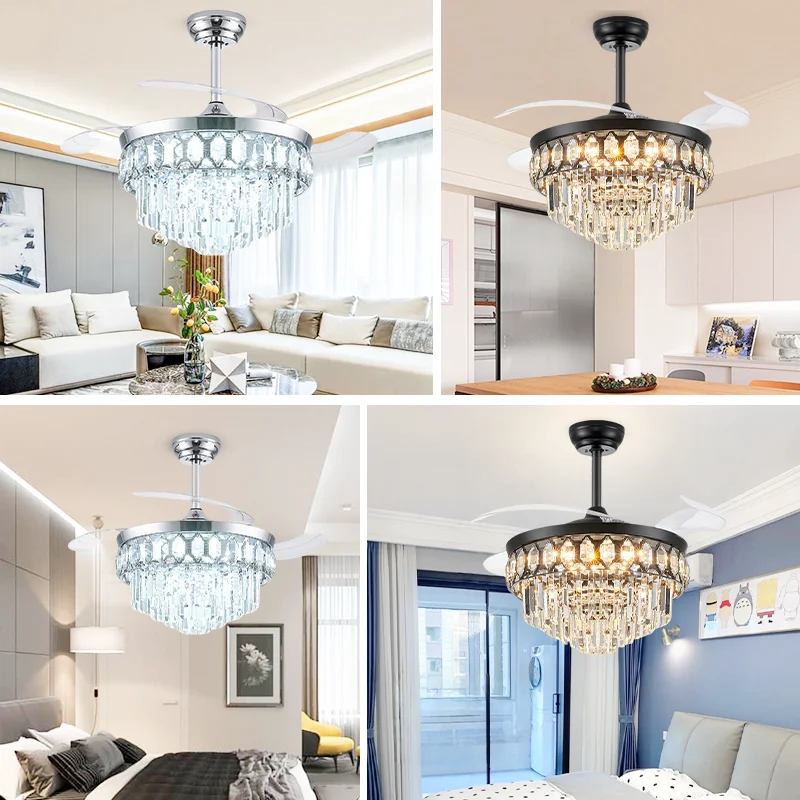 2026 Trendy Luxury Crystal Invisible Ceiling Fan. Retractable Blade Function. LED Light. Remote Control - Living Room Fan Light - Image 5