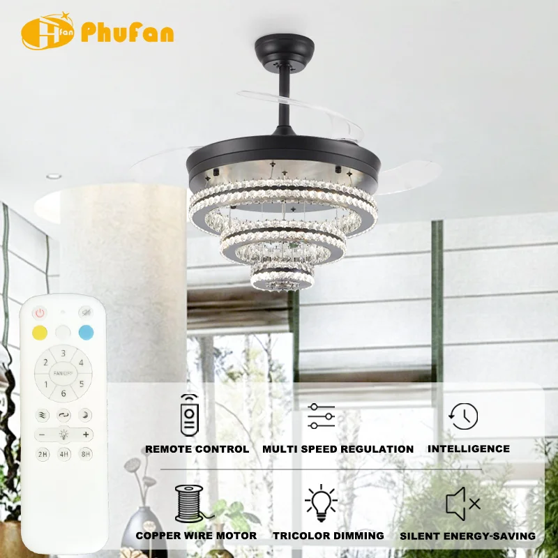 36/42/48/52 Inch Luxury Crystal Ceiling Fan Light with Retractable Blades. Remote Control. for Home Living Room Dining Room - Image 2