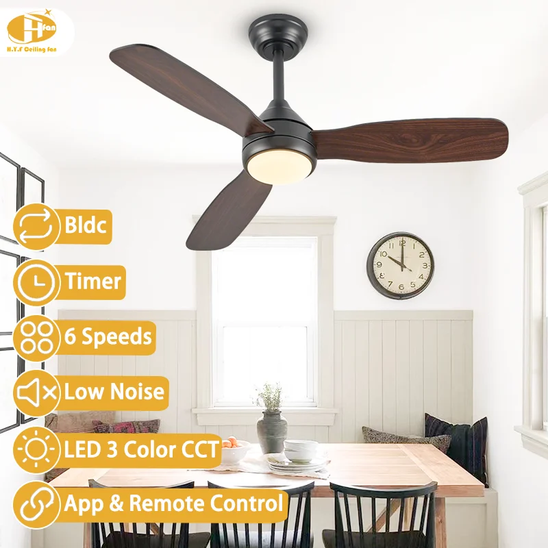 52 Inch 3-Blade Dark Wood Dimmable LED Ceiling Fan Light. Quiet DC Motor. 6-Speed - Modern Living Room Fan Light - Image 2