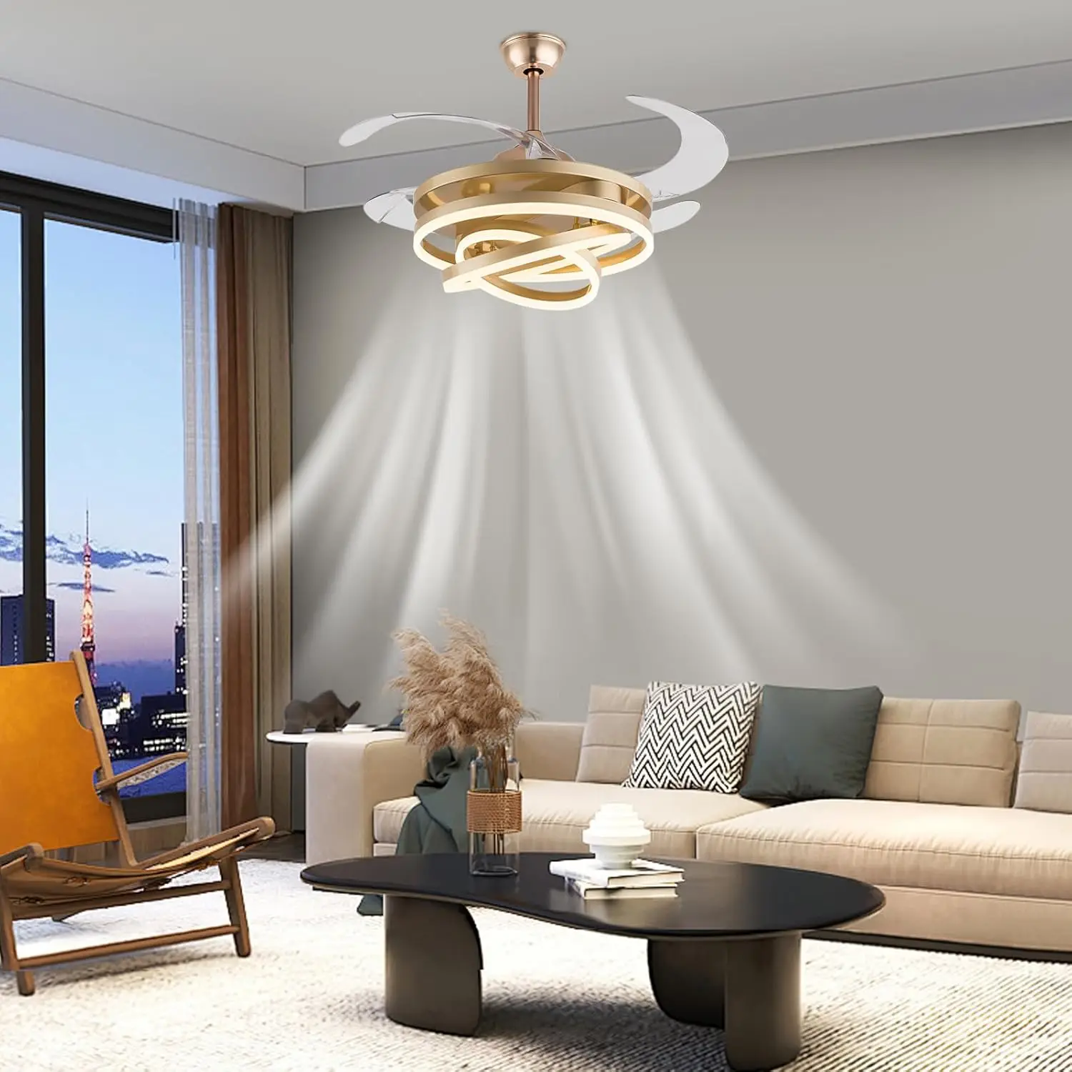 42 Gold Modern Chandelier Ceiling Fan Light Invisible Blades 6-Speed Remote Adjustable LED High CRI 95 Layout Bedroom Living - Image 4