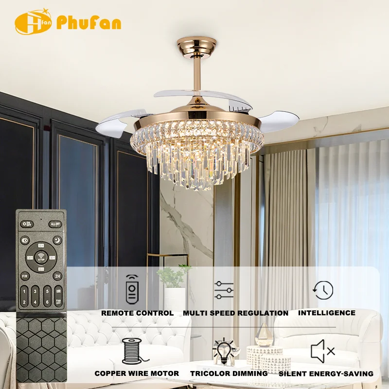 42 / 48 Inch Gold Luxury Crystal Ceiling Fan Light. Retractable Blades. 3-Color LED. Remote Control for Living Room Bedroom - Image 2