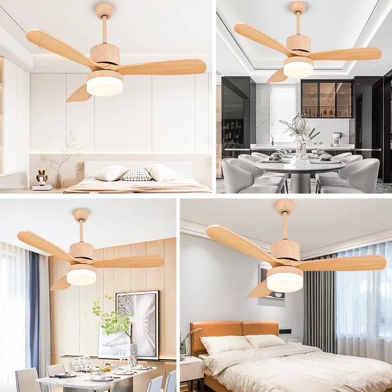 Modern Iron Ceiling Fan Light 52 Inch 3-Blade Natural Oak Finish 3-Color LED & 6-Speed DC Motor Remote Control - Image 3