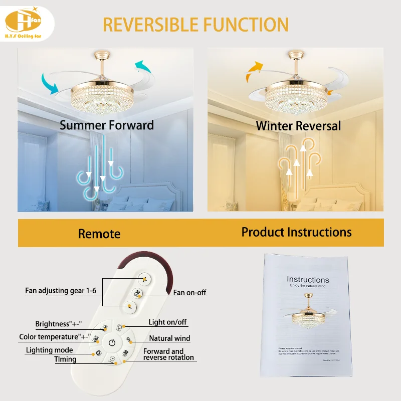 French 42'' Ceiling Fan Light. Gold Crystal. Retractable Invisible Blades - High-End French Gold Crystal Ceiling Fan Light - Image 4