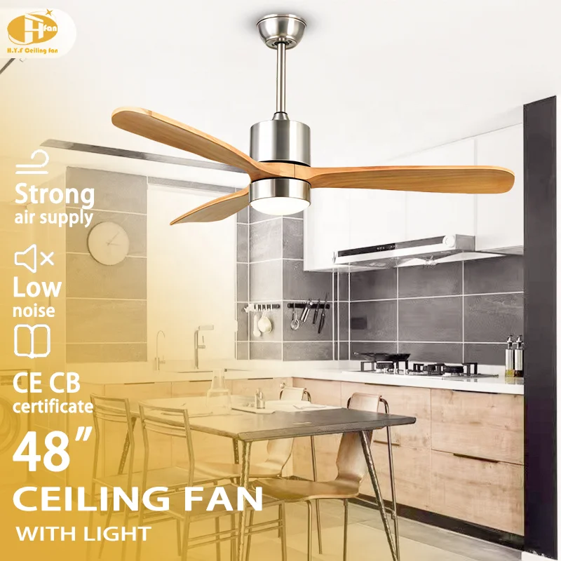 48 Inch 3 Solid Wood Blade Led Ceiling Fan With Light. Remote Control Reversible Dc Motor.For Cafe Villa and Commercial Indoor - Image 2