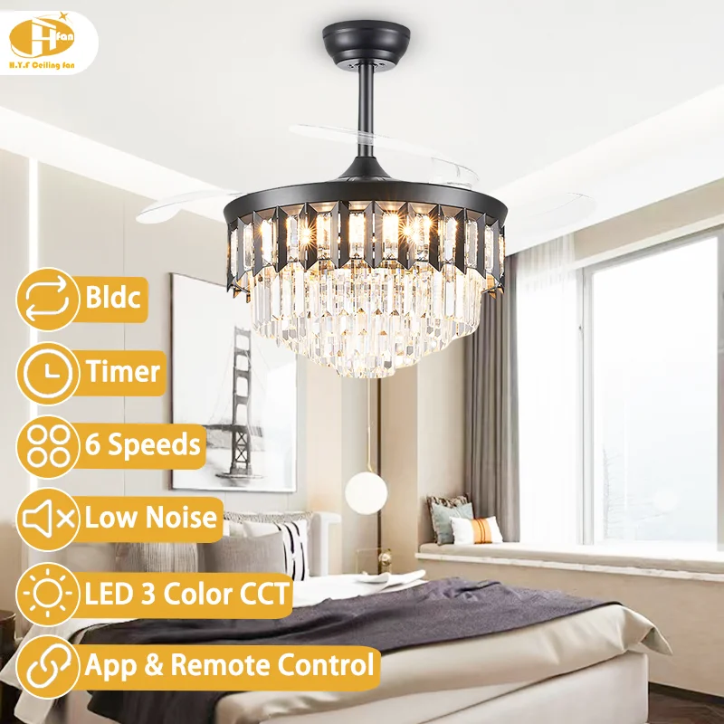 Luxury Crystal Ceiling Fan Light Retractable Blades 3-Color Dimmable & 6-Speed DC Motor Remote Control for Bedroom Dining Room - Image 2