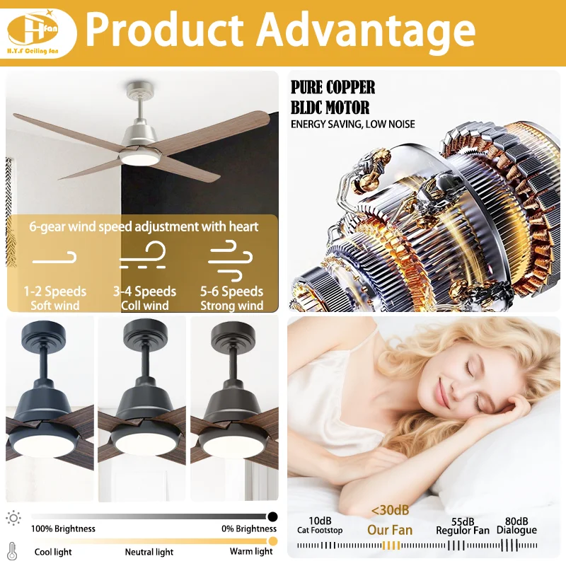 52 Inch 4-Blade Ceiling Fan Light. Quiet DC Motor. Multiple Color Options. Smart Remote - Modern Living Room Fan Light - Image 4