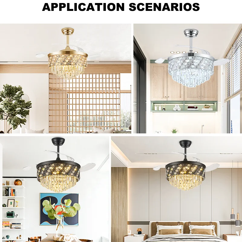 42 Inch Crystal Ceiling Fan Light Invisible Retractable Blades LED & 6-Speed Quiet Motor Remote Control for Living Room Bedroom - Image 4