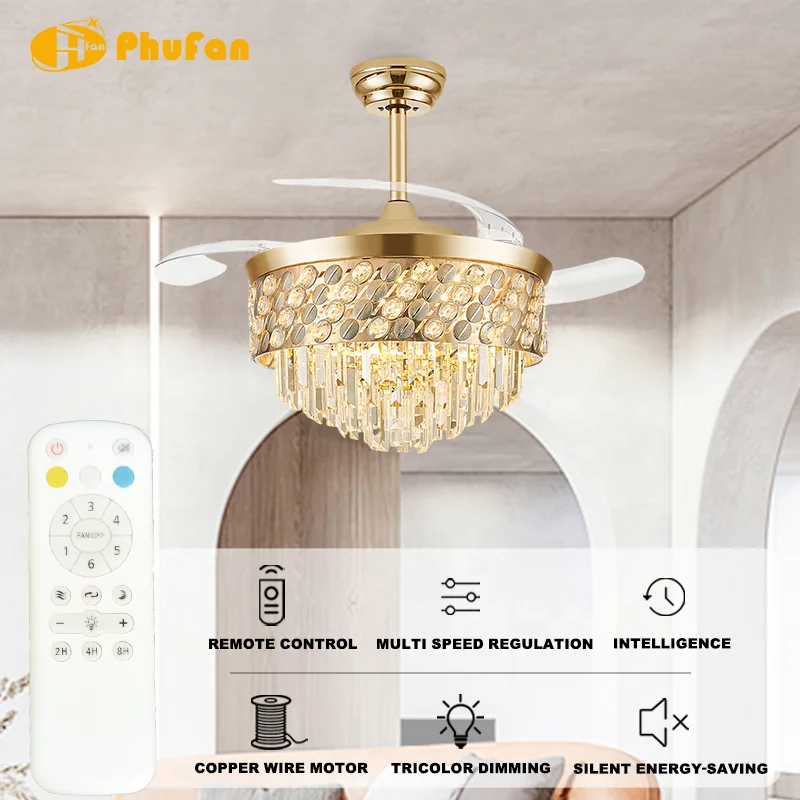 42 Inch Crystal Ceiling Fan Light Invisible Retractable Blades LED & 6-Speed Quiet Motor Remote Control for Living Room Bedroom - Image 2