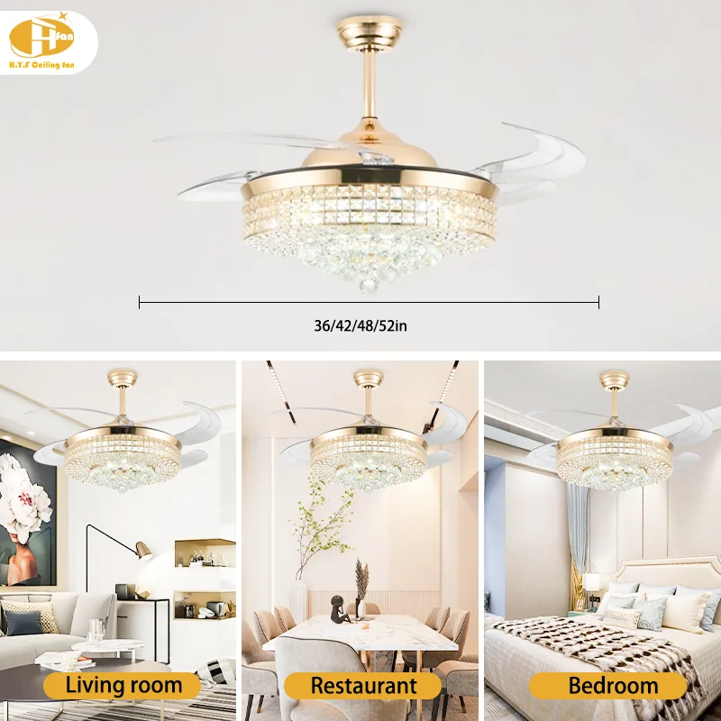 French 42'' Ceiling Fan Light. Gold Crystal. Retractable Invisible Blades - High-End French Gold Crystal Ceiling Fan Light - Image 3