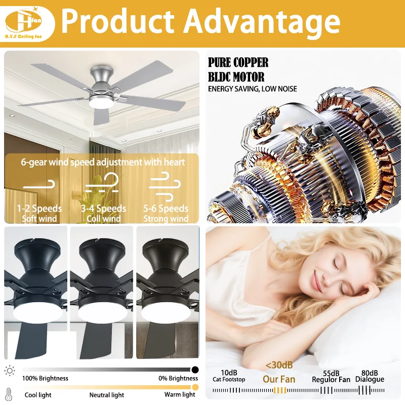 Modern 52 Inch Silent DC Motor Surface Mount Multi Color White Black Silver Gold 5 Blade Ceiling Fan with Light - Image 4