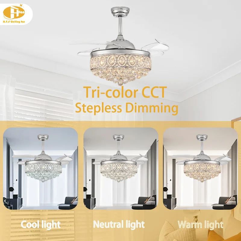 Modern Home Luxury Crystal LED Chandelier Ceiling Fan with Light Remote Control Iron Body - Image 3