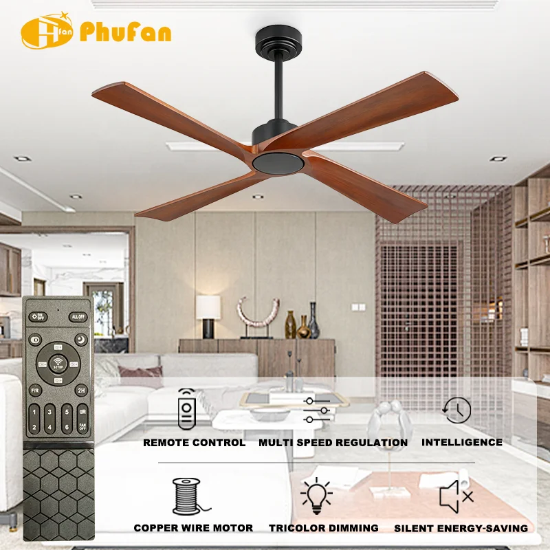 48 Inch 4-Blade Ceiling Fan No Light Black White Wood Finish 6-Speed DC Motor Remote Control Modern Nordic Style for Living Room - Image 2