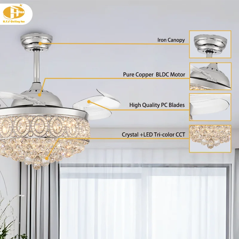 Modern Home Luxury Crystal LED Chandelier Ceiling Fan with Light Remote Control Iron Body - Image 4