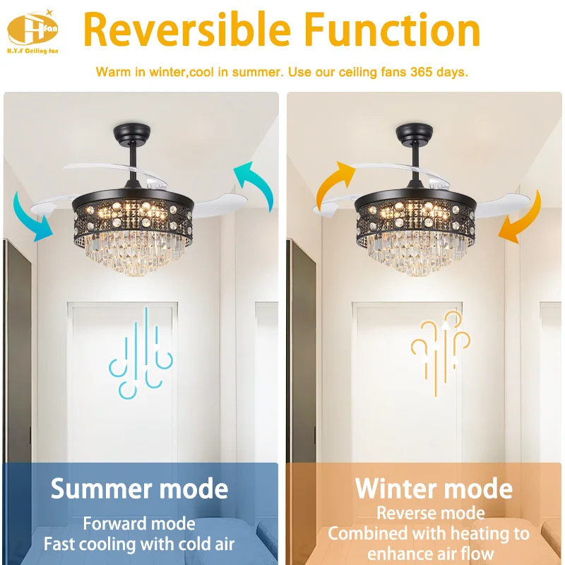 42 Inch Luxury Crystal Ceiling Fan Light. Retractable Blades.3-Color Dimmable LED. Remote Control Chandelier Fan for Living Room - Image 3