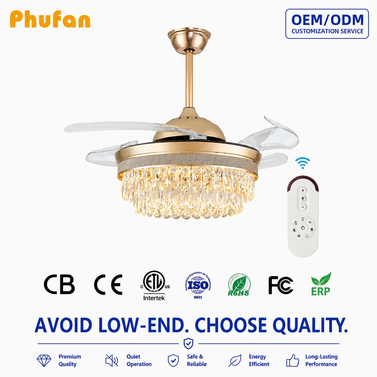 Factory Price Crystal Invisible Ceiling Fan Featuring Retractable Blades and Custom Logo for Global Distributors