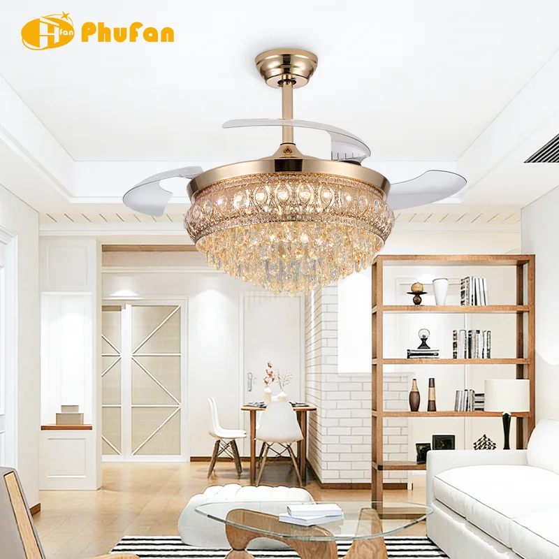 42 Inch Gold Luxury Crystal Ceiling Fan Light Retractable Blades 3-Color Dimmable LED & 6-Speed Remote Control for Living Room - Image 6