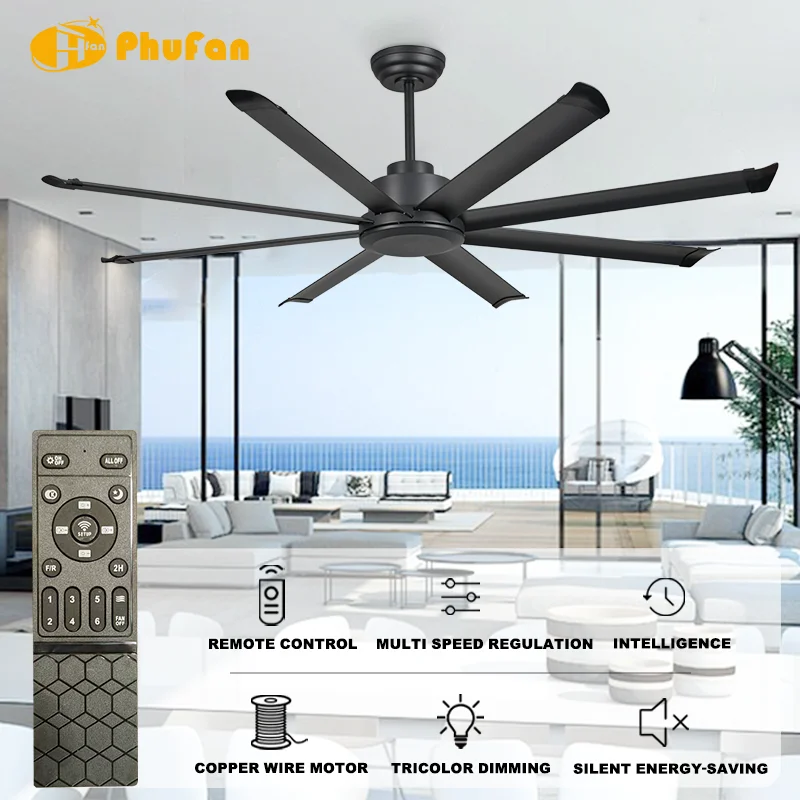 72 Inch 8-Blade Black Industrial Ceiling Fan Light Matte Blades 3-Color LED & 6-Speed DC Motor Remote Control for Warehouse Gym - Image 2