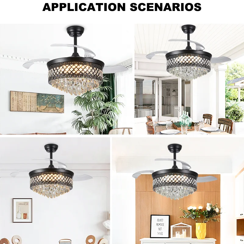 42/48 Inch Crystal Ceiling Fan Light Hollow Frame Invisible Blades LED & 6-Speed Quiet DC Motor Remote Control for Hotel Lobby - Image 5