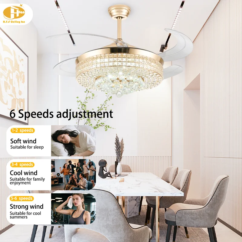 French 42'' Ceiling Fan Light. Gold Crystal. Retractable Invisible Blades - High-End French Gold Crystal Ceiling Fan Light - Image 5