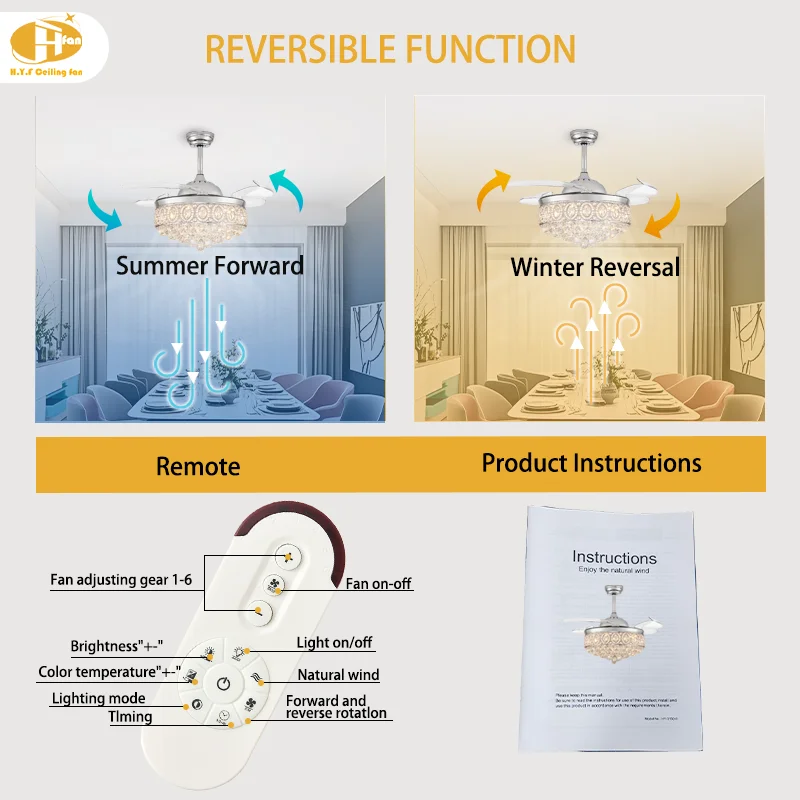 Modern Home Luxury Crystal LED Chandelier Ceiling Fan with Light Remote Control Iron Body - Image 6