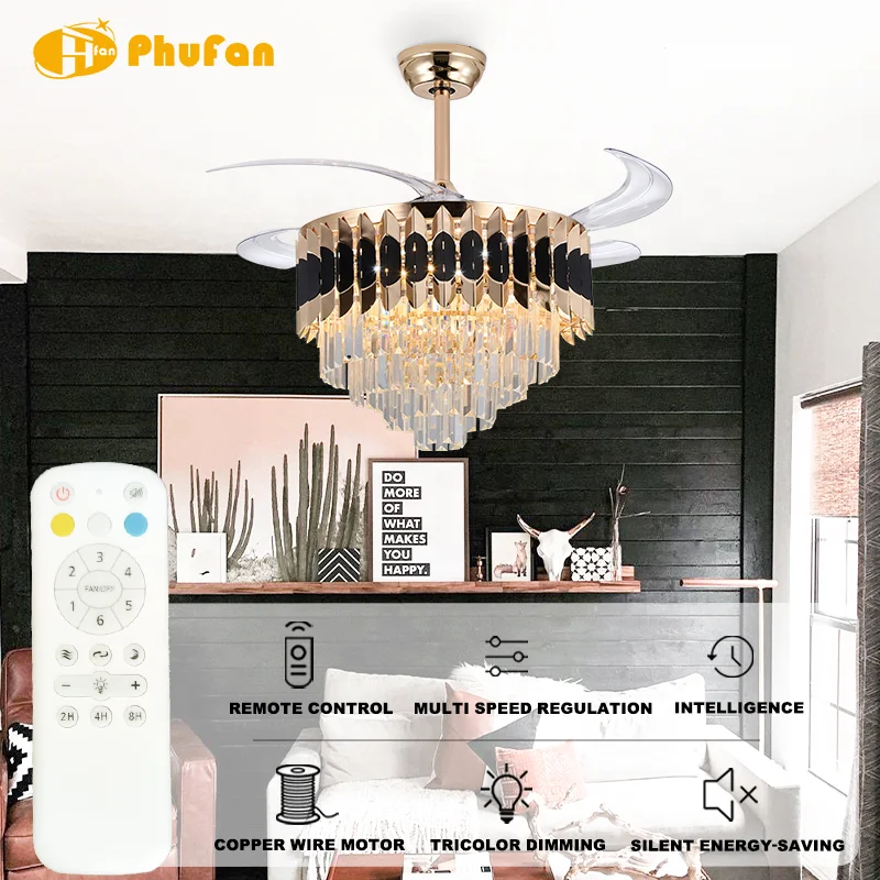 Gold & Black Crystal Ceiling Fan Light Invisible Blades 3-Color LED & 6-Speed DC Motor Remote Control for Living Room Bedroom - Image 2