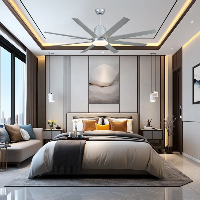 Industrial Style 8-Blade Metal DC Motor Silver LED Remote Control Ceiling Fans Traditional Design Dining Home Use - Image 2