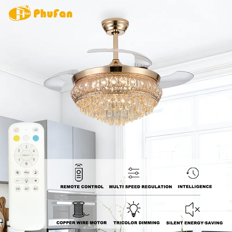 42 Inch Gold Luxury Crystal Ceiling Fan Light Retractable Blades 3-Color Dimmable LED & 6-Speed Remote Control for Living Room - Image 2