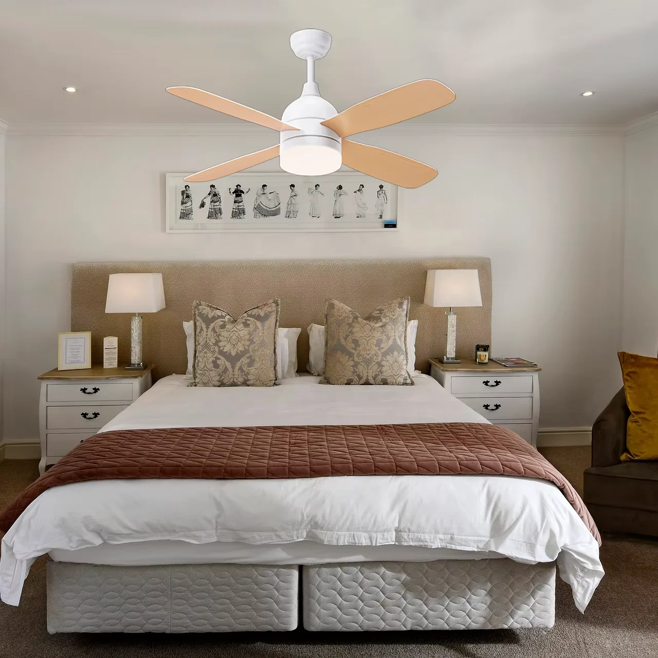 Modern Living Room LED Ceiling Fan with Light DC Motor Low Noise 4 Blades 42 Remote Control Plywood Construction