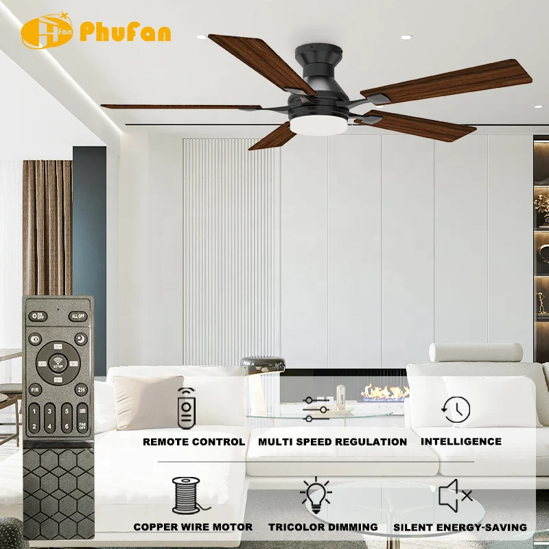 48 / 52 Flush Mount Ceiling Fan Light with Multi-Color Plywood Blade. Reversible DC Motor Remote Control. for Low Ceiling Rooms - Image 2