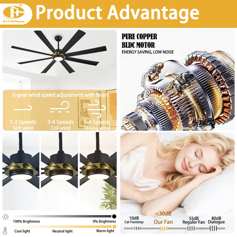8-Blade Black & Gold Ceiling Fan Light with High Airflow. Dimmable LED & 6-Speed DC Motor. Remote Control. for Large Living Room - Image 4