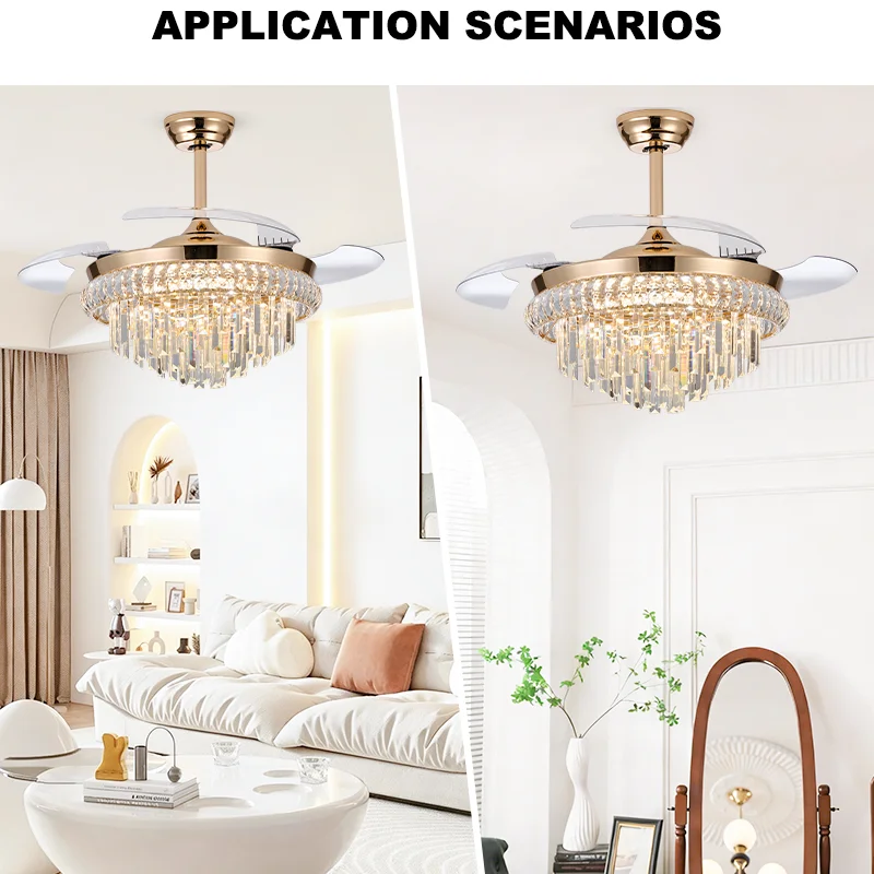 42 / 48 Inch Gold Luxury Crystal Ceiling Fan Light. Retractable Blades. 3-Color LED. Remote Control for Living Room Bedroom - Image 4