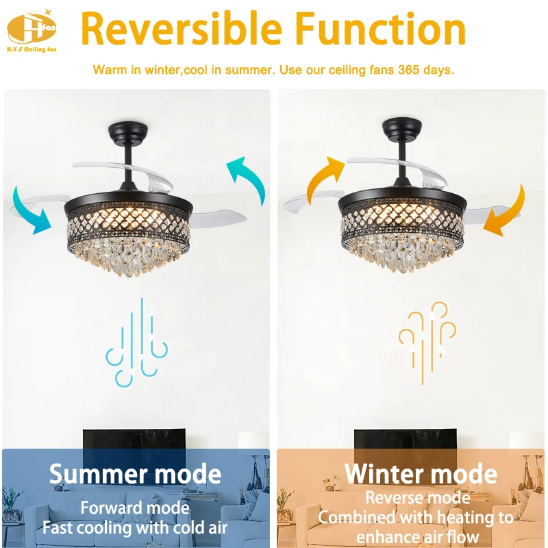 42/48 Inch Crystal Ceiling Fan Light Hollow Frame Invisible Blades LED & 6-Speed Quiet DC Motor Remote Control for Hotel Lobby - Image 3