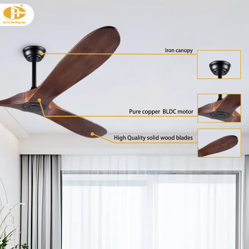 Solid Wood 56/60-Inch Weathered Gray Real Wooden Ceiling Fan Metal Body Powerful DC Silent Copper DC Motor Best Hotels Household - Image 5