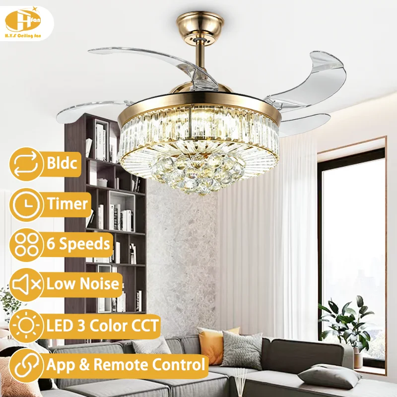 Bedroom Living Room Modern Luxury Ceiling Fan. Crystal Chandelier LED. 6-Speed - High-End-Modern Crystal Ceiling Fan Light - Image 2