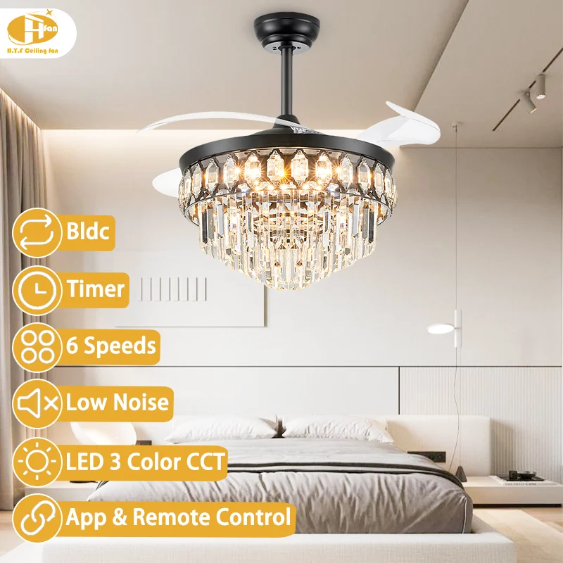 2026 Trendy Luxury Crystal Invisible Ceiling Fan. Retractable Blade Function. LED Light. Remote Control - Living Room Fan Light - Image 2